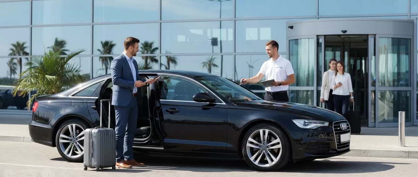 Человек получает арендованный автомобиль у аэропорта Казани